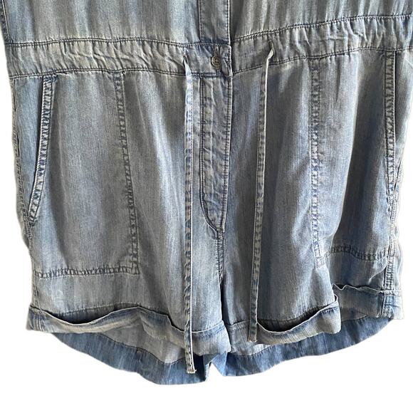 SILVER M Chambray Romper Drawstring Waist Roll Tab Sleeves Button Front Lyocell - Picture 9 of 10